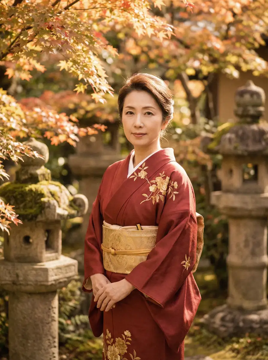 一位身穿暗红色和服的优雅 桃子冰妈妈 在日式庭院中