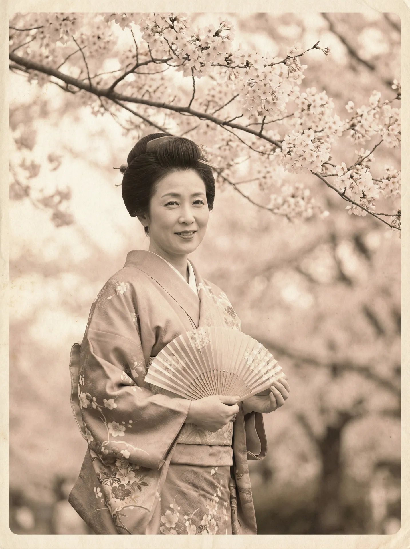 一位持扇的优雅 桃子冰妈妈 在樱花树下的复古写真