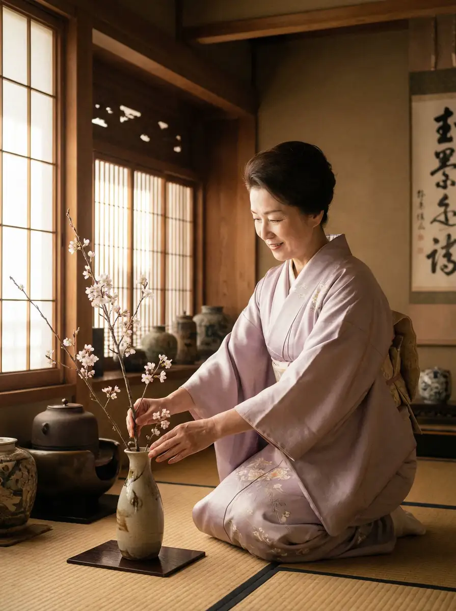 一位优雅的 桃子冰妈妈 在和室中插花